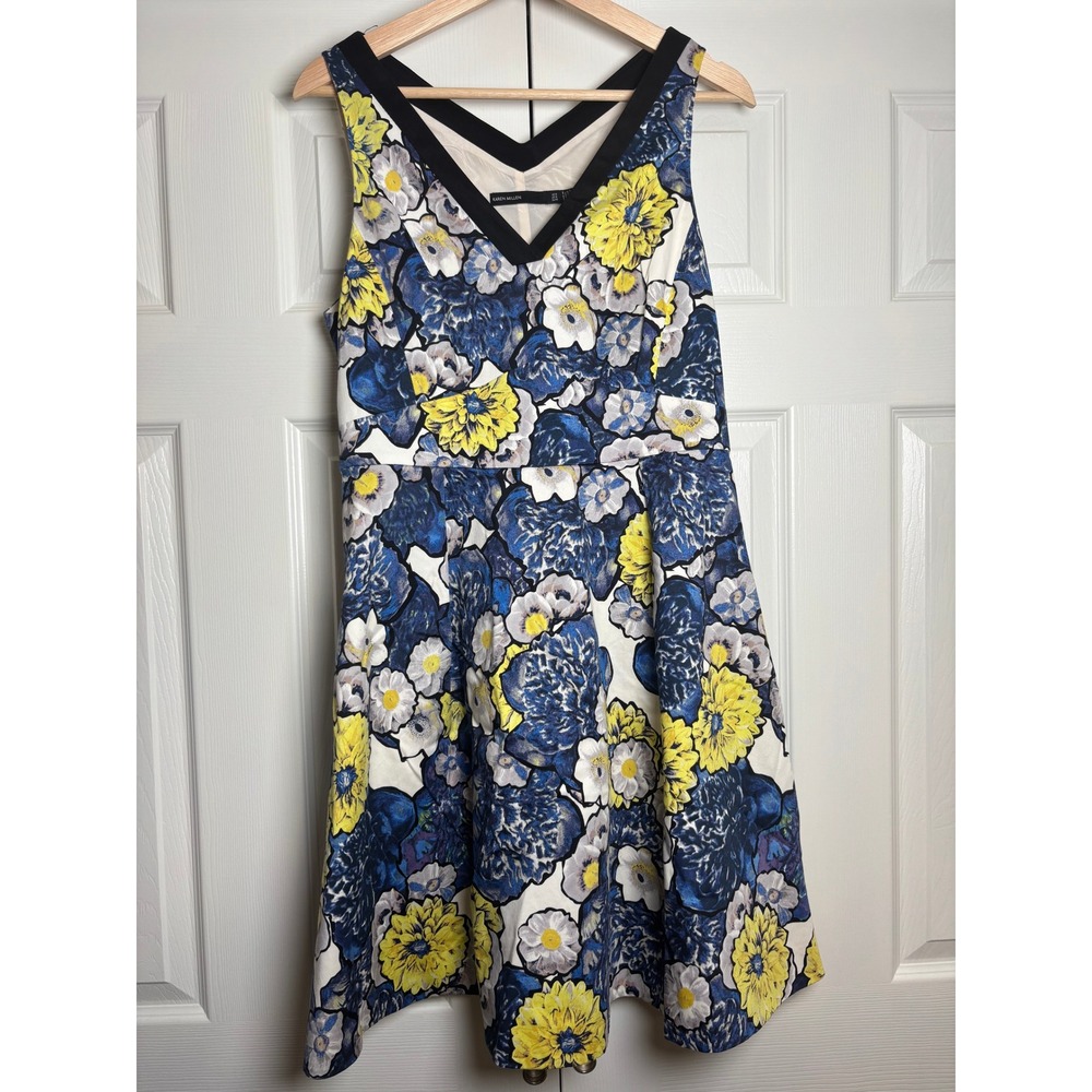 Karen Millen Floral V-Neck Fit and Flare Dress Blue Yellow DX038 Size US 10